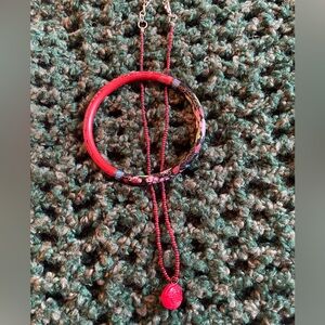 Red Beaded and Floral Necklace and Bangle Bracelet Floral